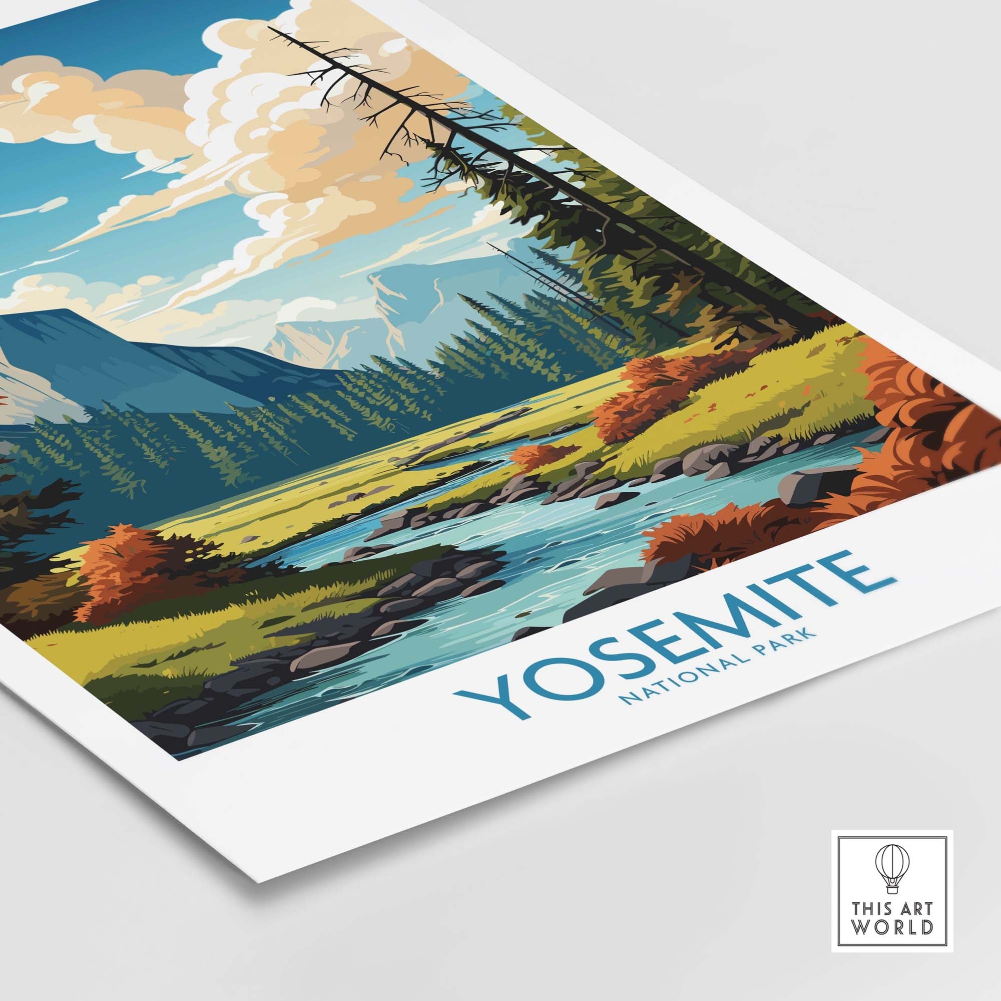 Yosemite National Park art print featuring scenic mountains, a river, and vibrant foliage, perfect for nature lovers.