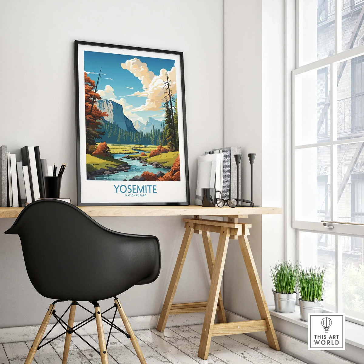 Yosemite art print displayed in a modern workspace, showcasing vibrant colors and a scenic national park landscape.