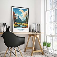 Yosemite art print displayed in a modern workspace, showcasing vibrant colors and a scenic national park landscape.