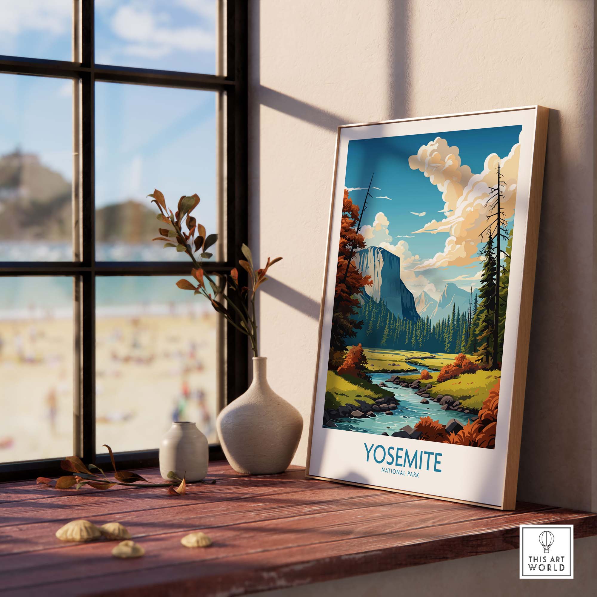 Yosemite National Park art print displaying vibrant landscapes and natural beauty on a windowsill.
