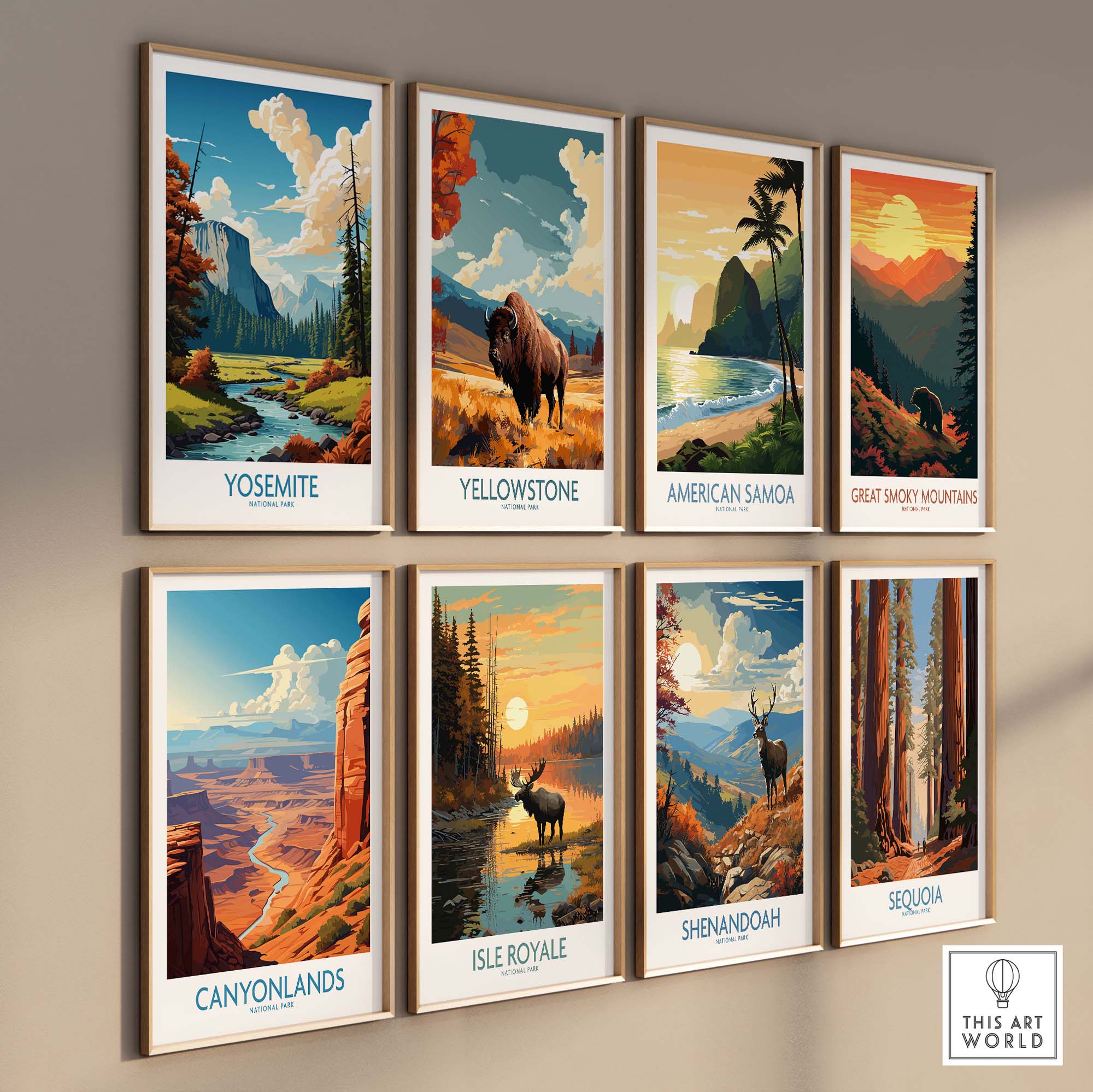 Collection of vibrant national park art prints featuring Yosemite, Yellowstone, and more in stylish frames.