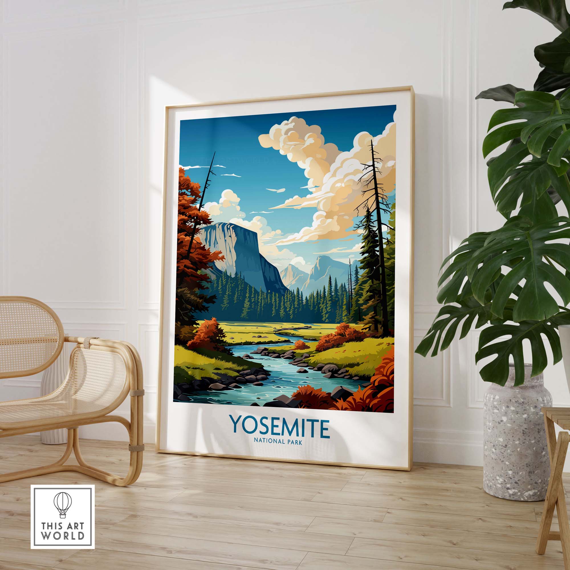 Yosemite National Park art print featuring dramatic cliffs, vibrant colors, and serene river scene in a stylish interior setting.