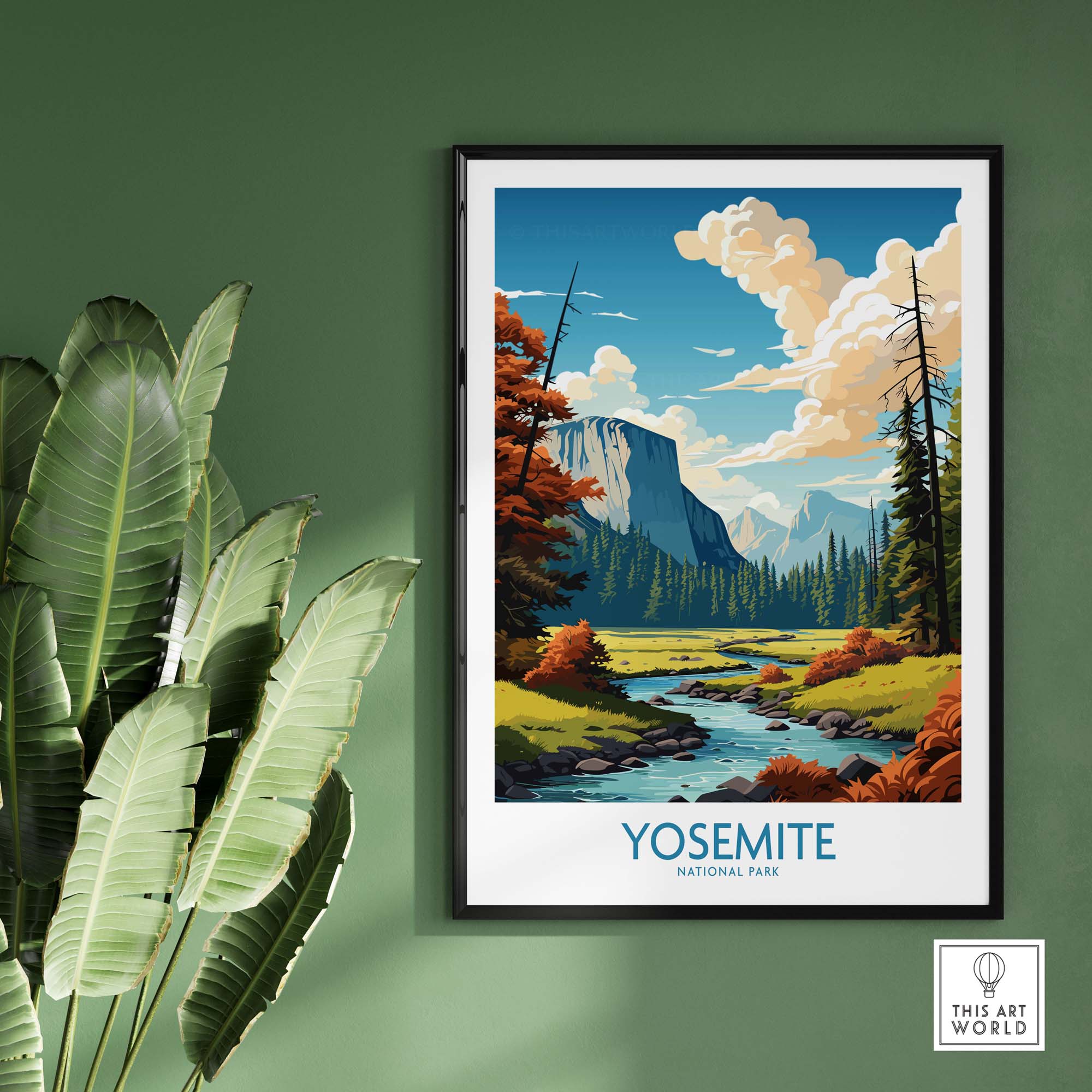 Yosemite National Park art print featuring vibrant landscapes, cliffs, and a serene stream in a stylish frame.