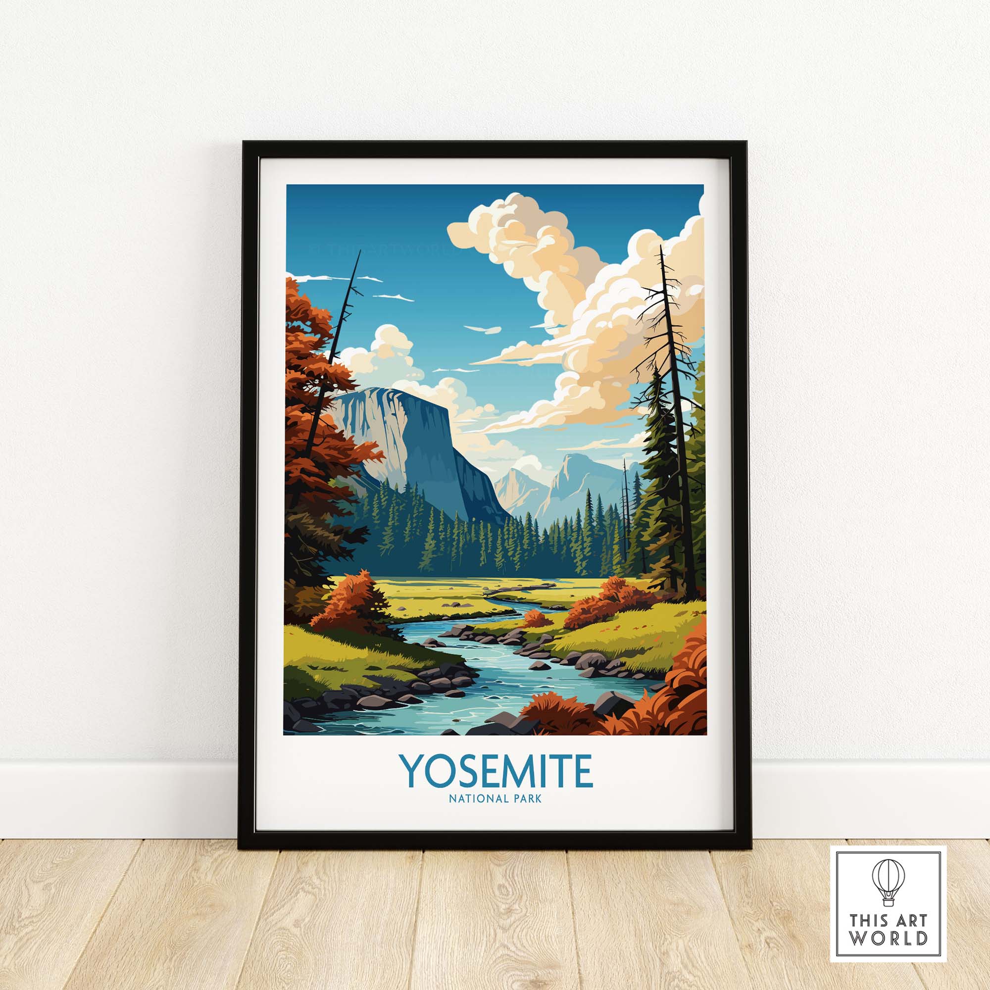 Yosemite National Park art print featuring scenic cliffs, trees, and a stream with vibrant colors and beautiful skies.