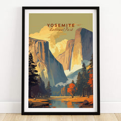 Yosemite Print featuring a vibrant illustration of Yosemite National Park in a framed poster format.