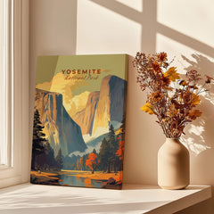 Yosemite Print showcasing Yosemite National Park with mountains and autumn foliage in a sunlit room.