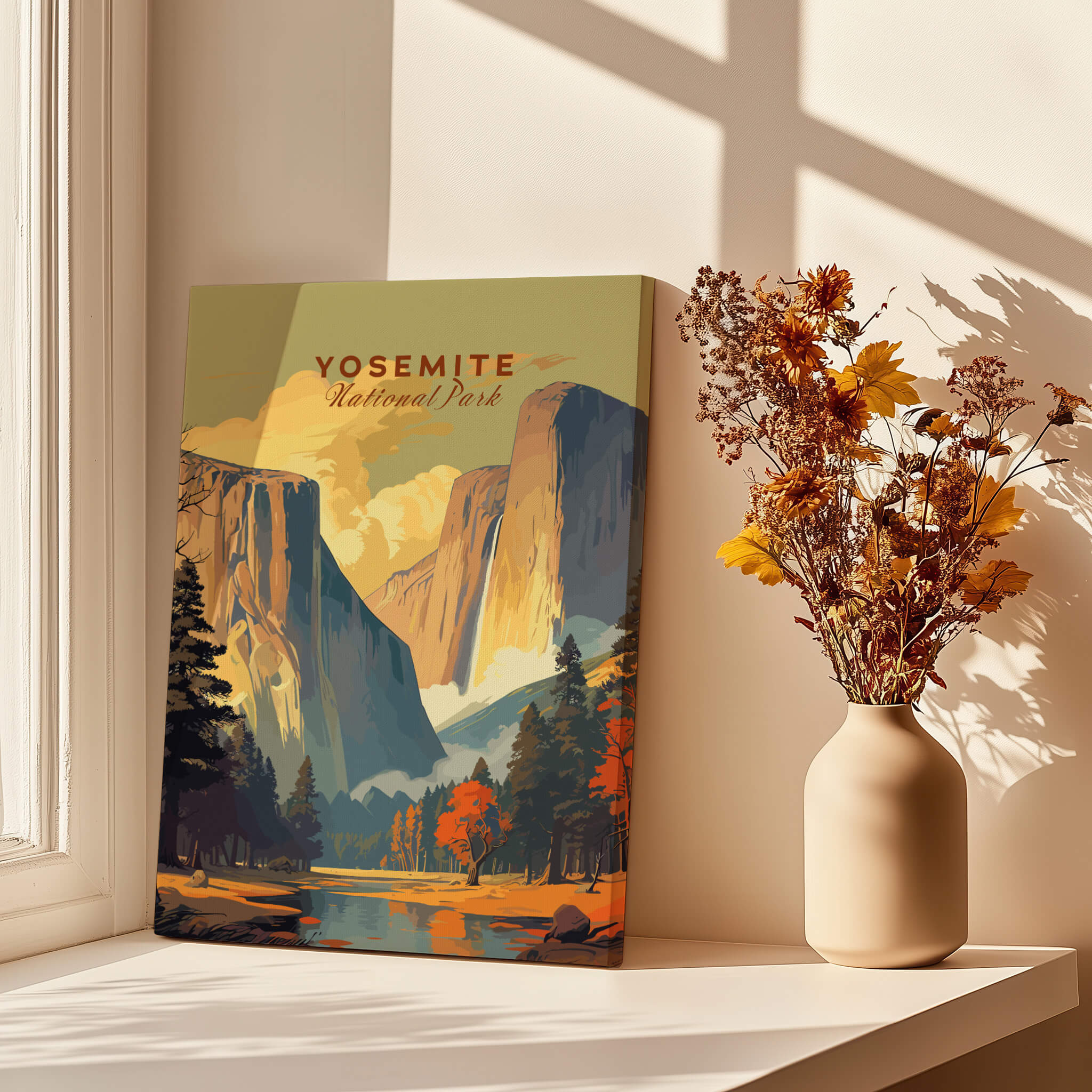 Yosemite Print showcasing Yosemite National Park with mountains and autumn foliage in a sunlit room.
