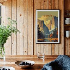 Yosemite Print framed poster hanging on wooden wall, showcasing the beauty of Yosemite National Park in living room decor.