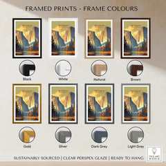Yosemite Print framed prints in various colors including black, white, natural, brown, and metallic options.