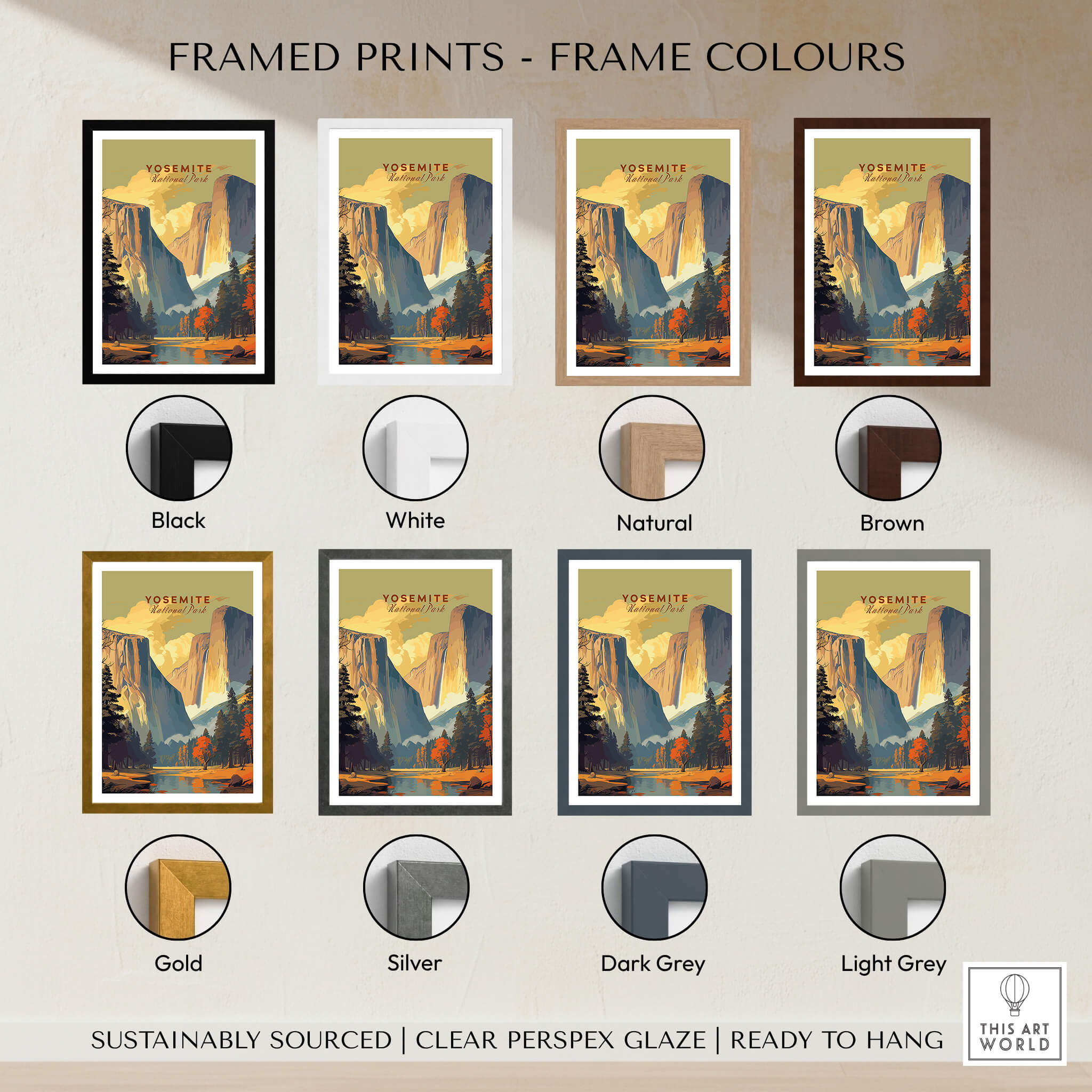 Yosemite Print framed prints in various colors including black, white, natural, brown, and metallic options.