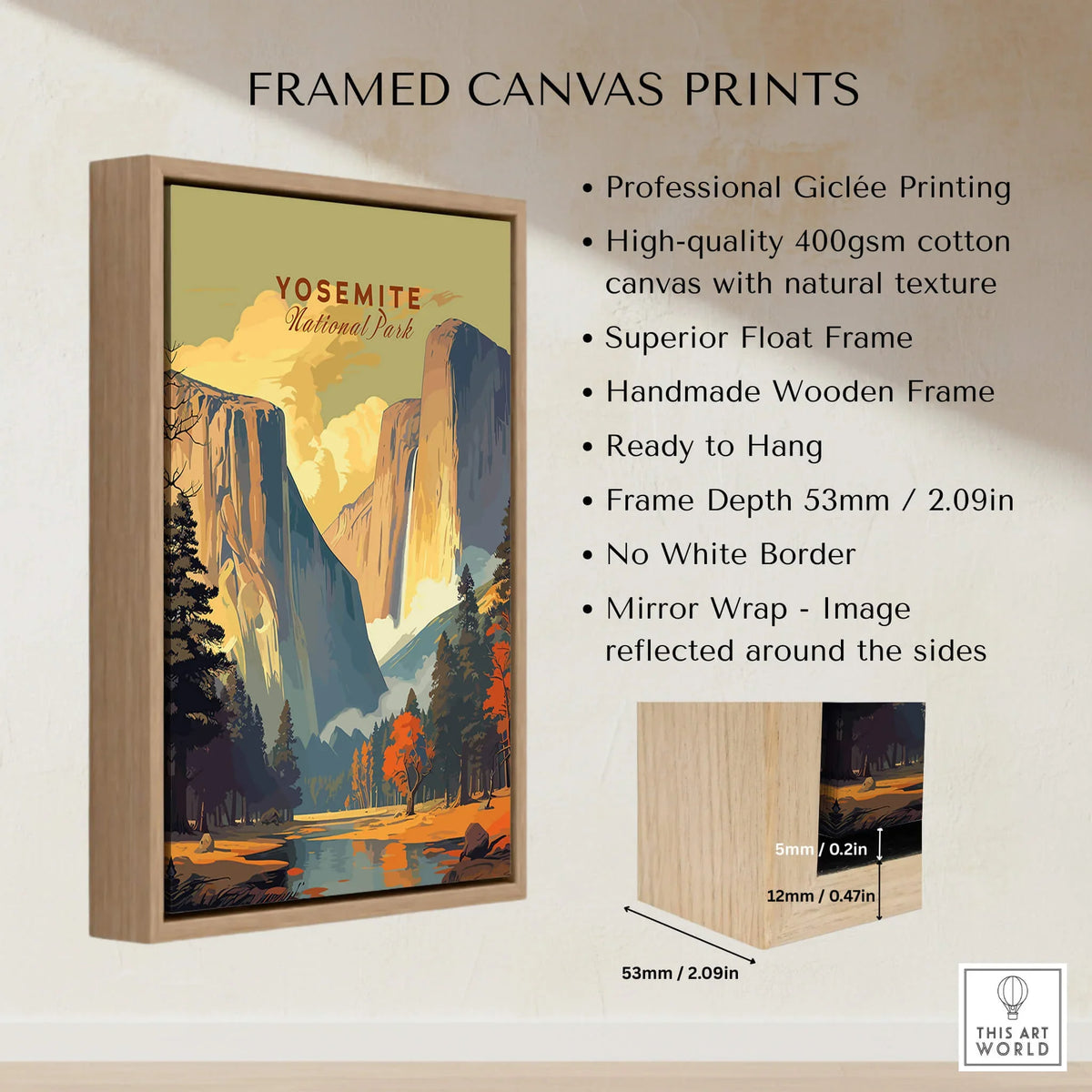 Yosemite Print framed canvas print featuring Giclée printing and a wooden float frame, showcasing Yosemite National Park's beauty.