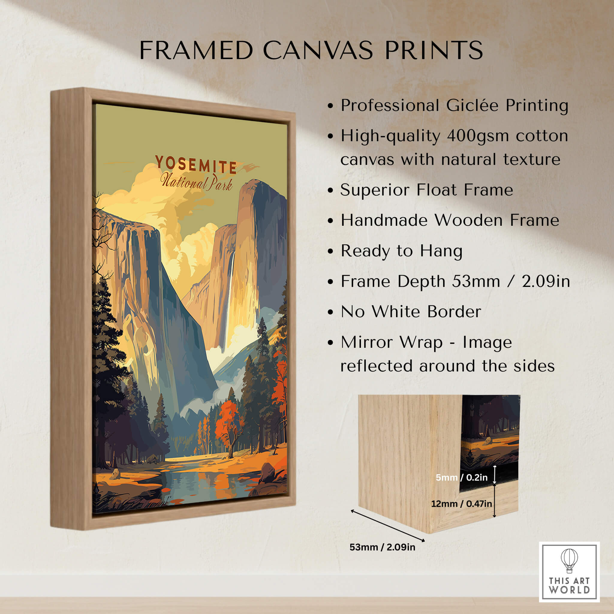 Yosemite Print framed canvas print featuring Giclée printing and a wooden float frame, showcasing Yosemite National Park's beauty.
