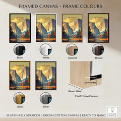 Yosemite Print framed canvas in various frame colors: Black, White, Natural, Brown, Gold, Silver. Museum-quality poster options.