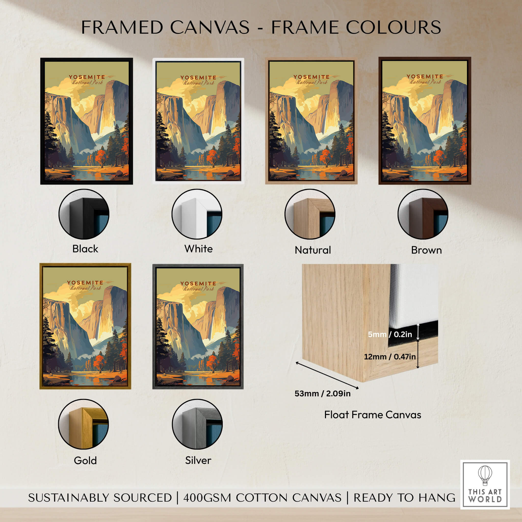 Yosemite Print framed canvas in various frame colors: Black, White, Natural, Brown, Gold, Silver. Museum-quality poster options.