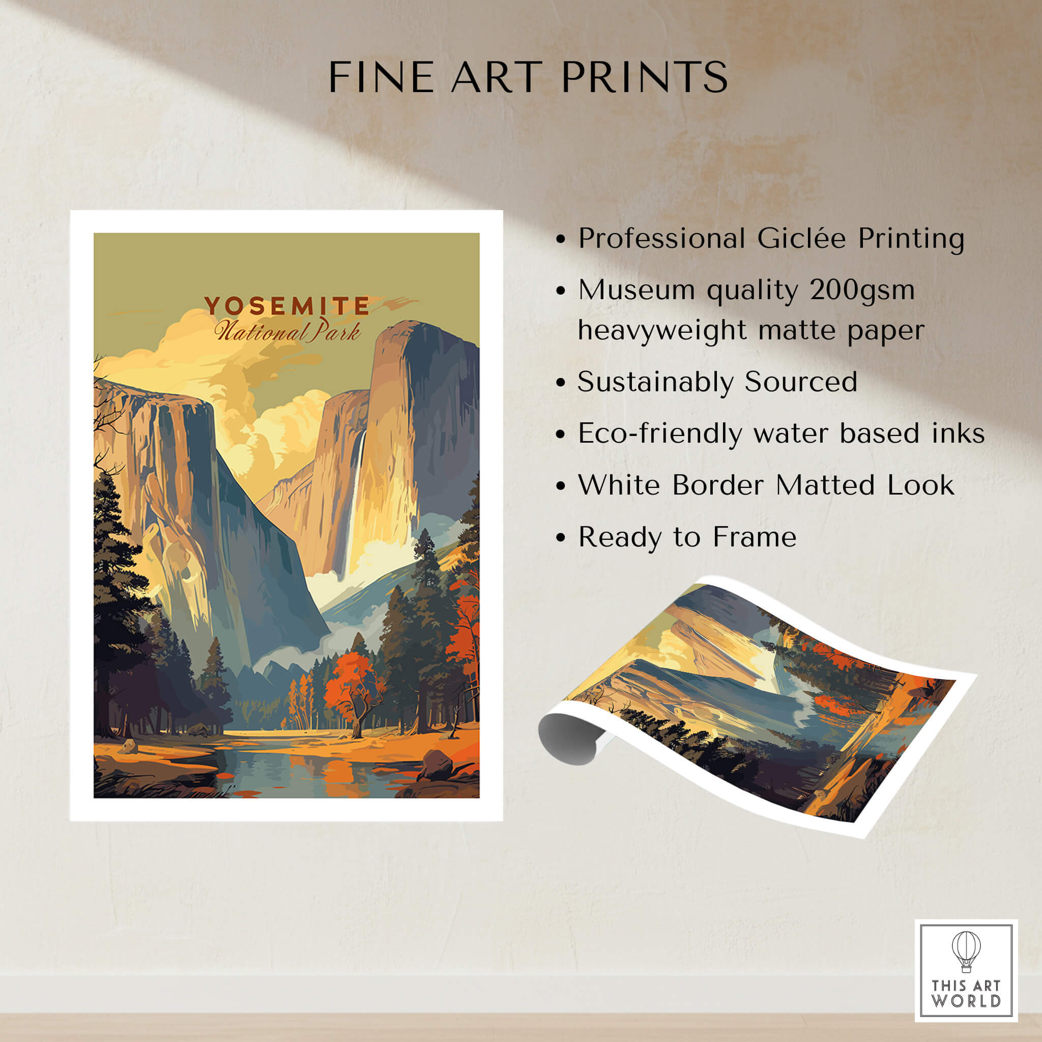 Yosemite Print showcasing vibrant artwork of Yosemite National Park in professional Giclée printing on quality paper.