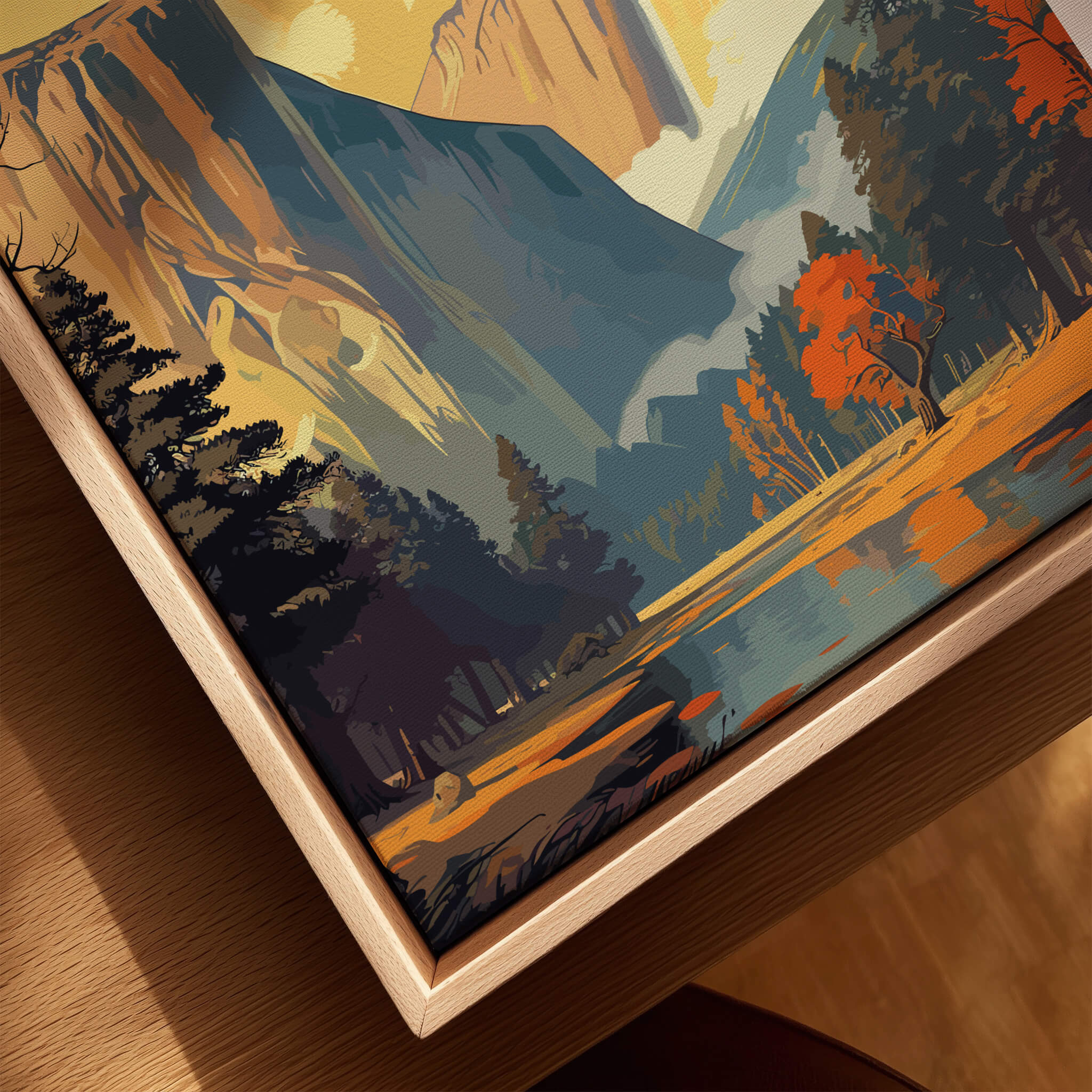 Yosemite Print framed artwork showcasing the stunning landscape of Yosemite National Park in vibrant colors.