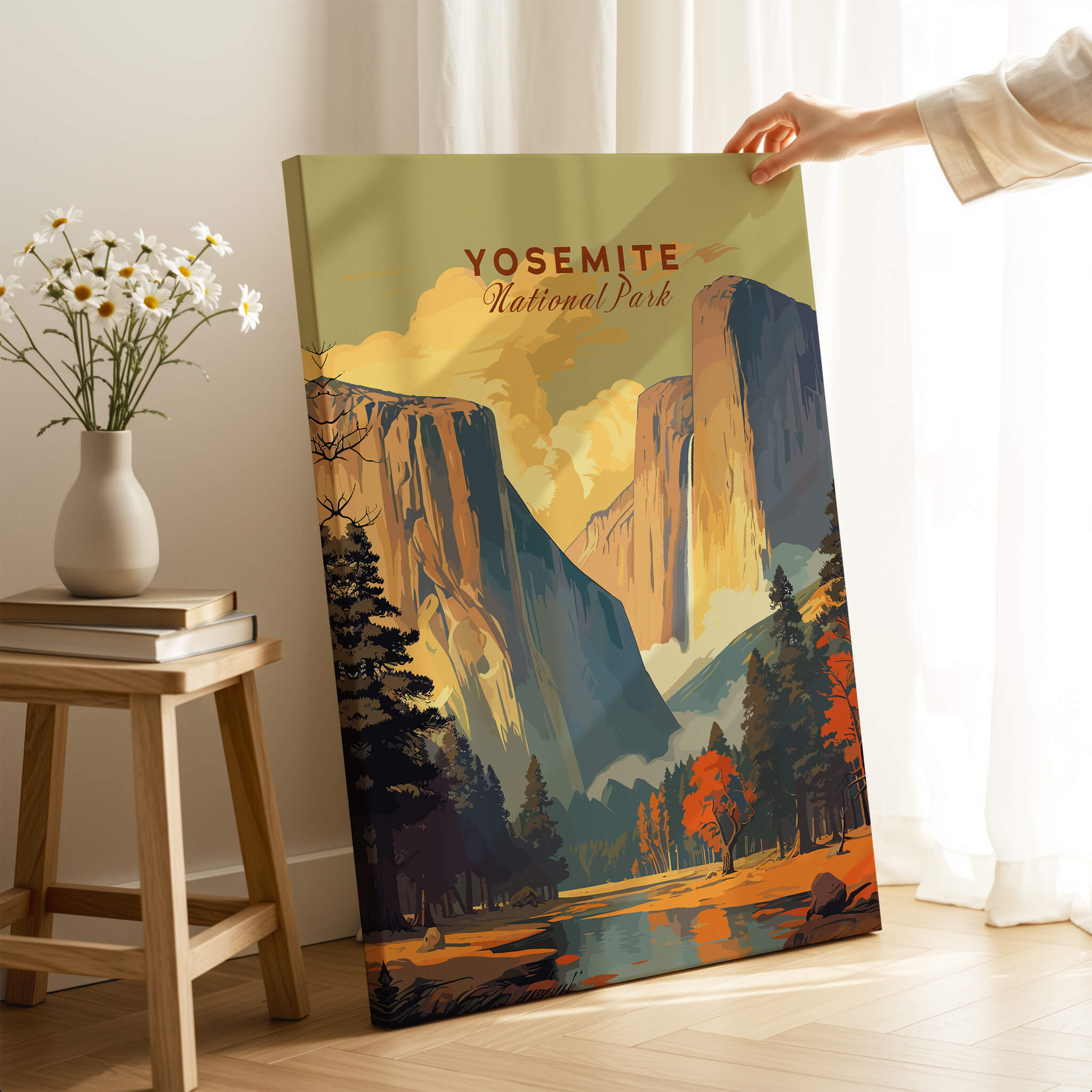 Yosemite Print showcasing Yosemite National Park in vibrant colors, perfect for nature lovers and home decor.
