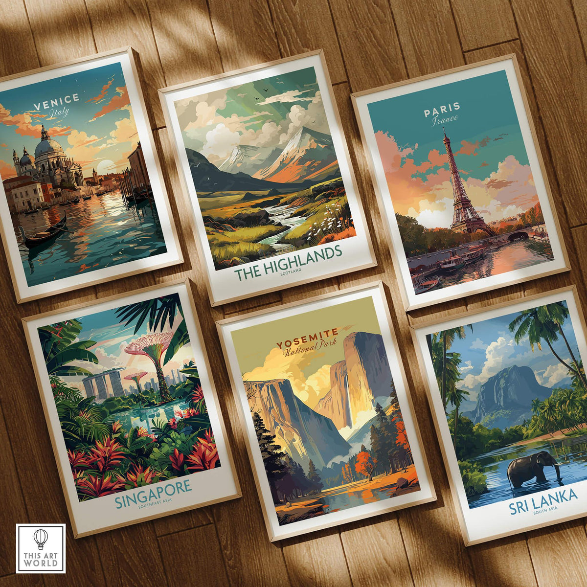 Various framed travel posters including Yosemite Print, Venice, The Highlands, Paris, Singapore, and Sri Lanka.
