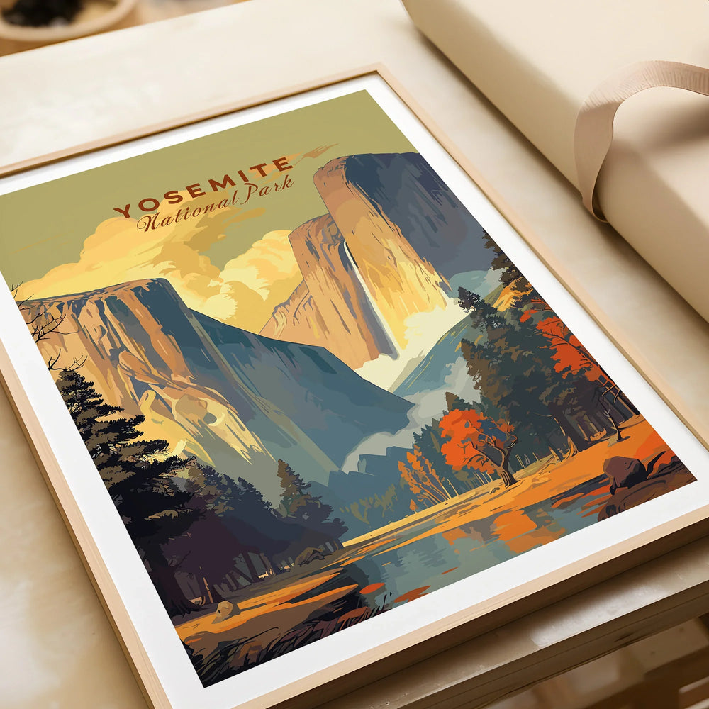 Yosemite National Park framed art print with mountains, forest, and river landscape