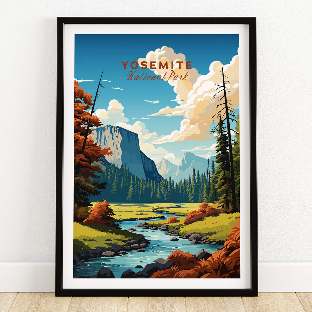 Yosemite Poster | National Park featuring a vibrant landscape with mountains, trees, and a river.