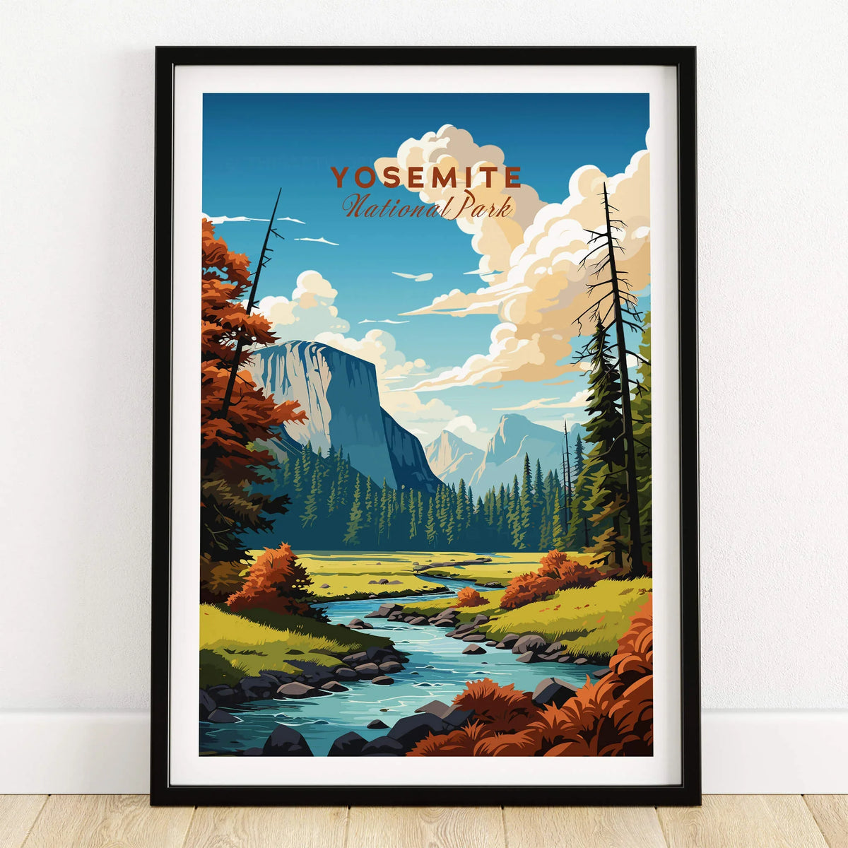 Yosemite Poster | National Park featuring a vibrant landscape with mountains, trees, and a river.