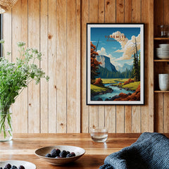 Yosemite Poster | National Park framed art print displayed in a cozy interior with a wooden wall backdrop.