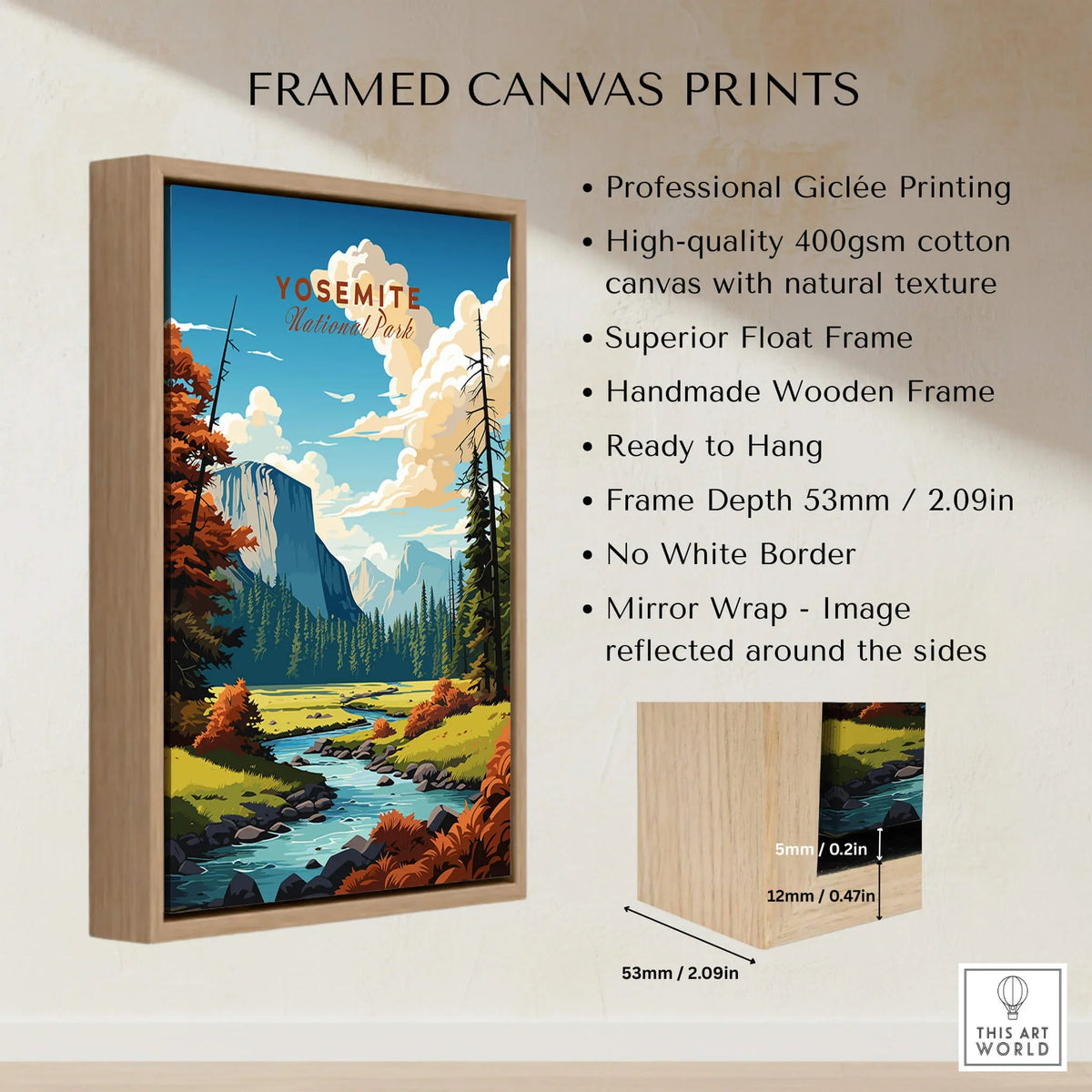 Yosemite Poster | National Park in a framed canvas print showcasing the beauty of Yosemite with vibrant colors.