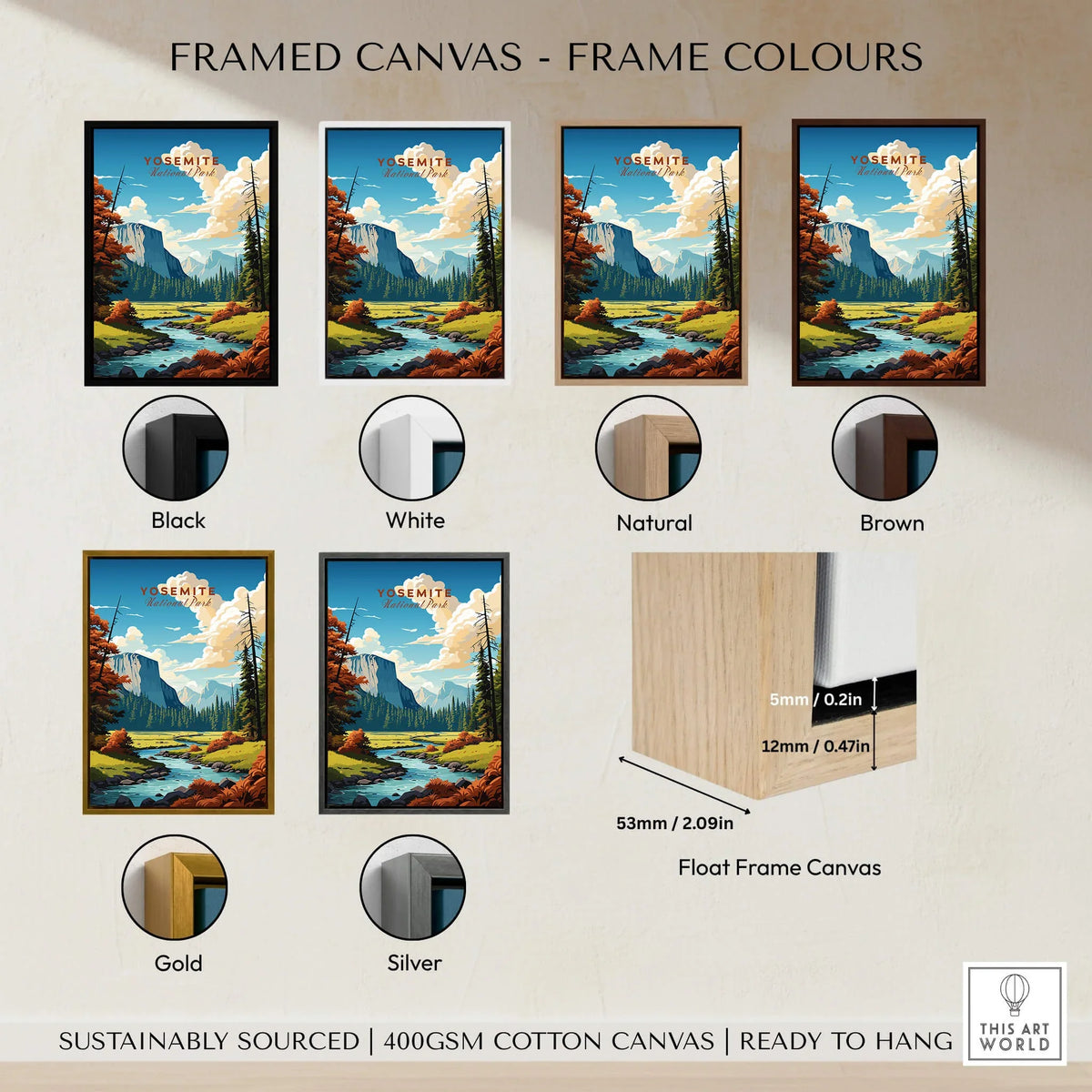 Framed canvas color options for Yosemite Poster | National Park print, showcasing various frame styles: black, white, natural, brown, gold, silver.