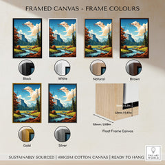 Framed canvas color options for Yosemite Poster | National Park print, showcasing various frame styles: black, white, natural, brown, gold, silver.