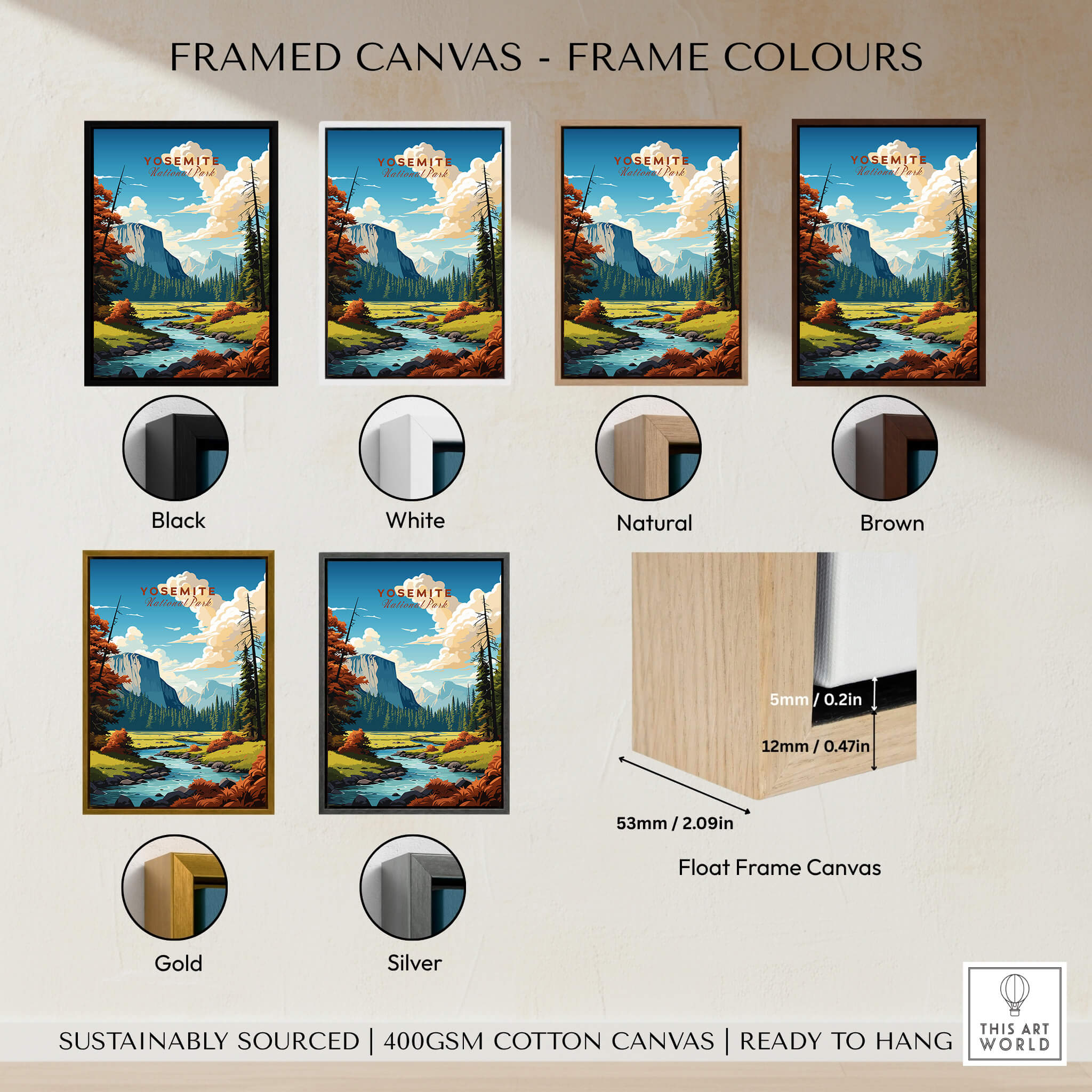 Framed canvas color options for Yosemite Poster | National Park print, showcasing various frame styles: black, white, natural, brown, gold, silver.
