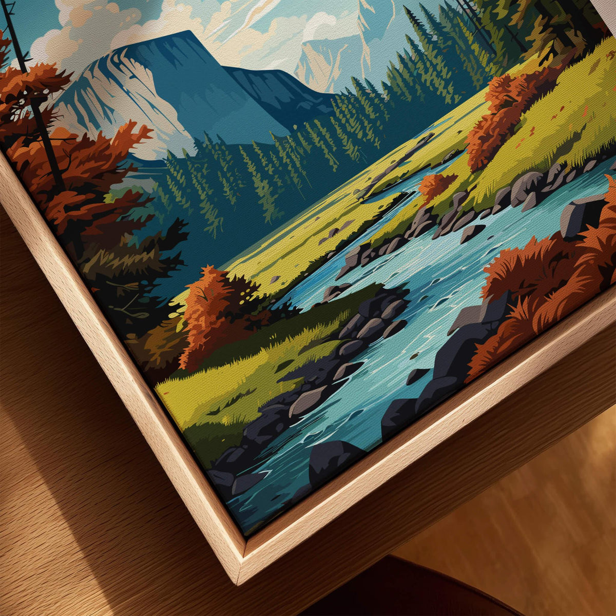 Yosemite Poster | National Park showcasing vibrant landscape with river, mountains, and trees, perfect for nature lovers.