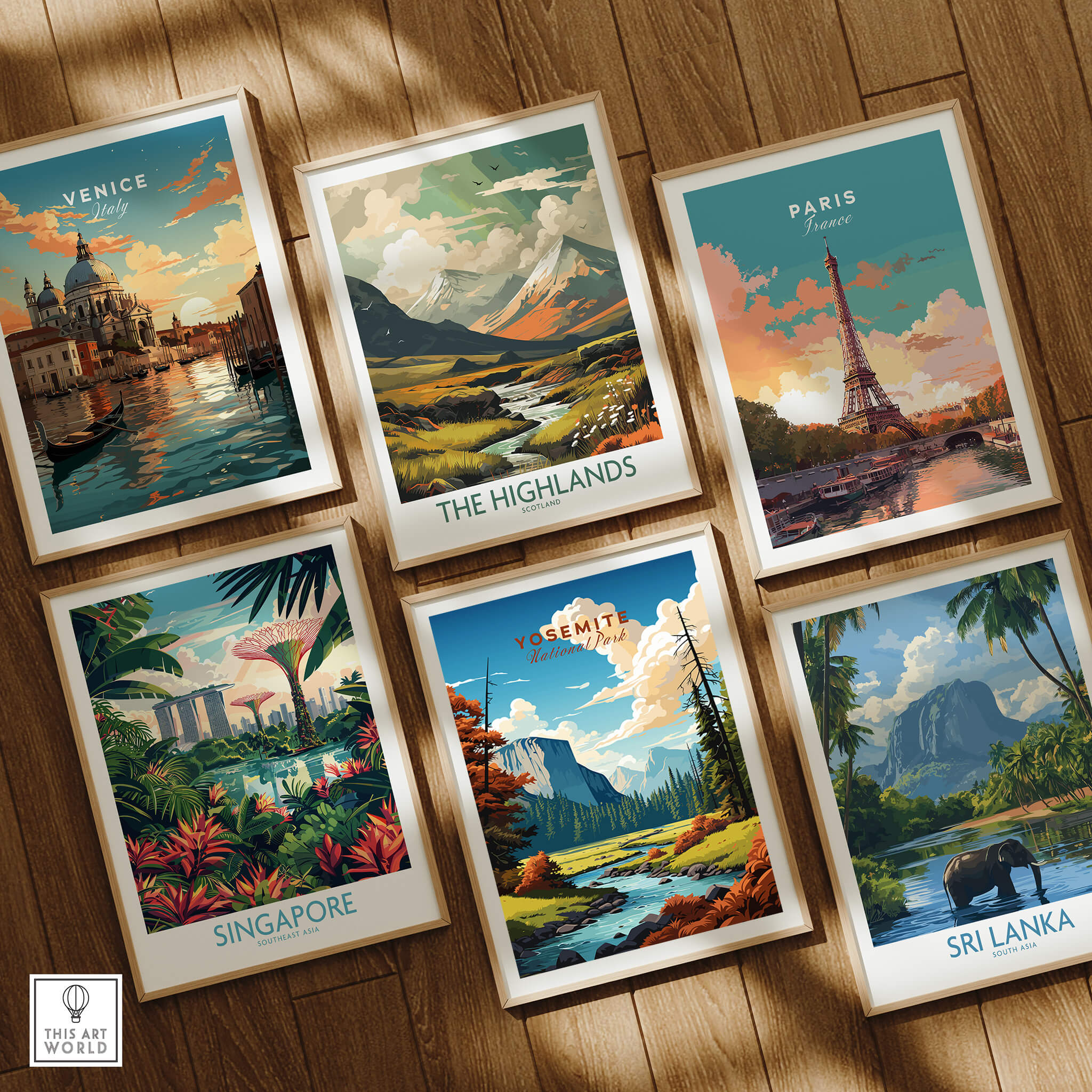 Yosemite Poster | National Park collection framed alongside prints from Venice, The Highlands, Paris, Singapore, and Sri Lanka.