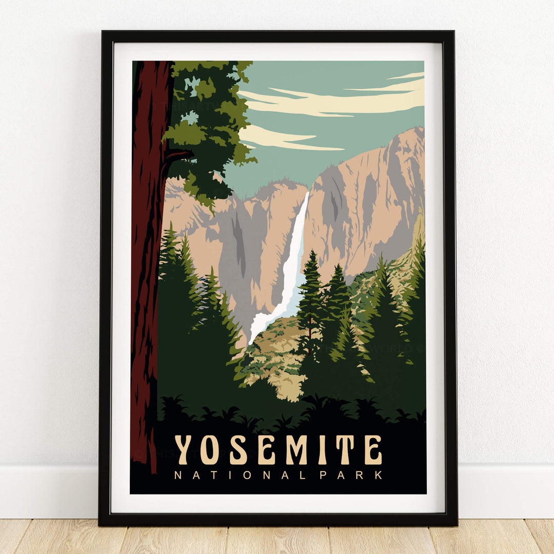 Yosemite National Park Print featuring majestic landscapes and vintage design.