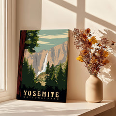 Yosemite National Park Print showcasing a vintage-style landscape with vibrant colors and natural beauty.