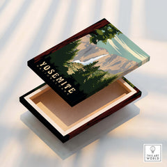 Yosemite National Park Print featuring a beautiful landscape design on a wooden box.
