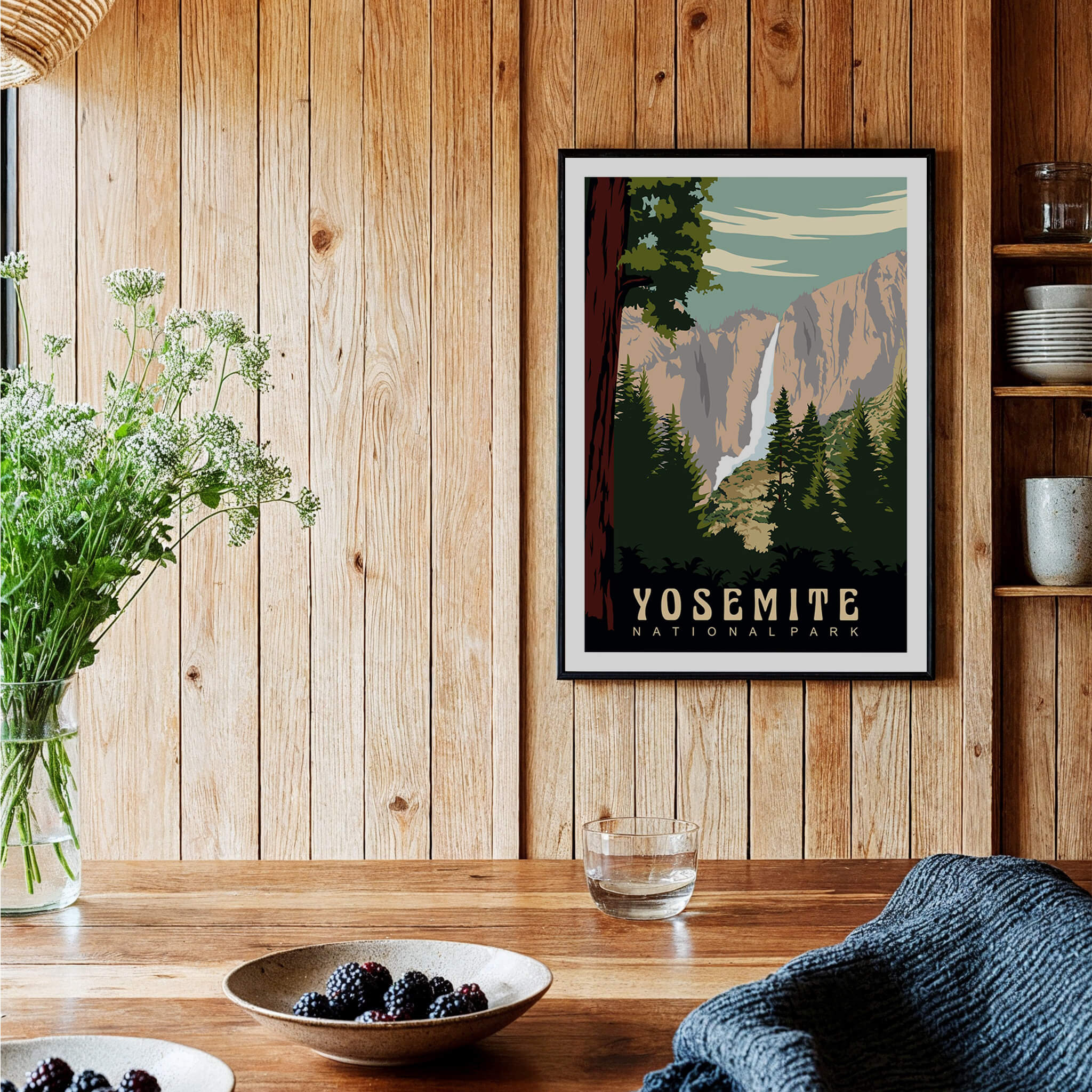 Yosemite National Park Print featuring a vintage design with a waterfall and forest, perfect for nature lovers.
