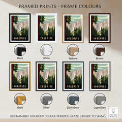Yosemite National Park Print framed options in black, white, natural, brown, gold, silver, dark grey, and light grey.