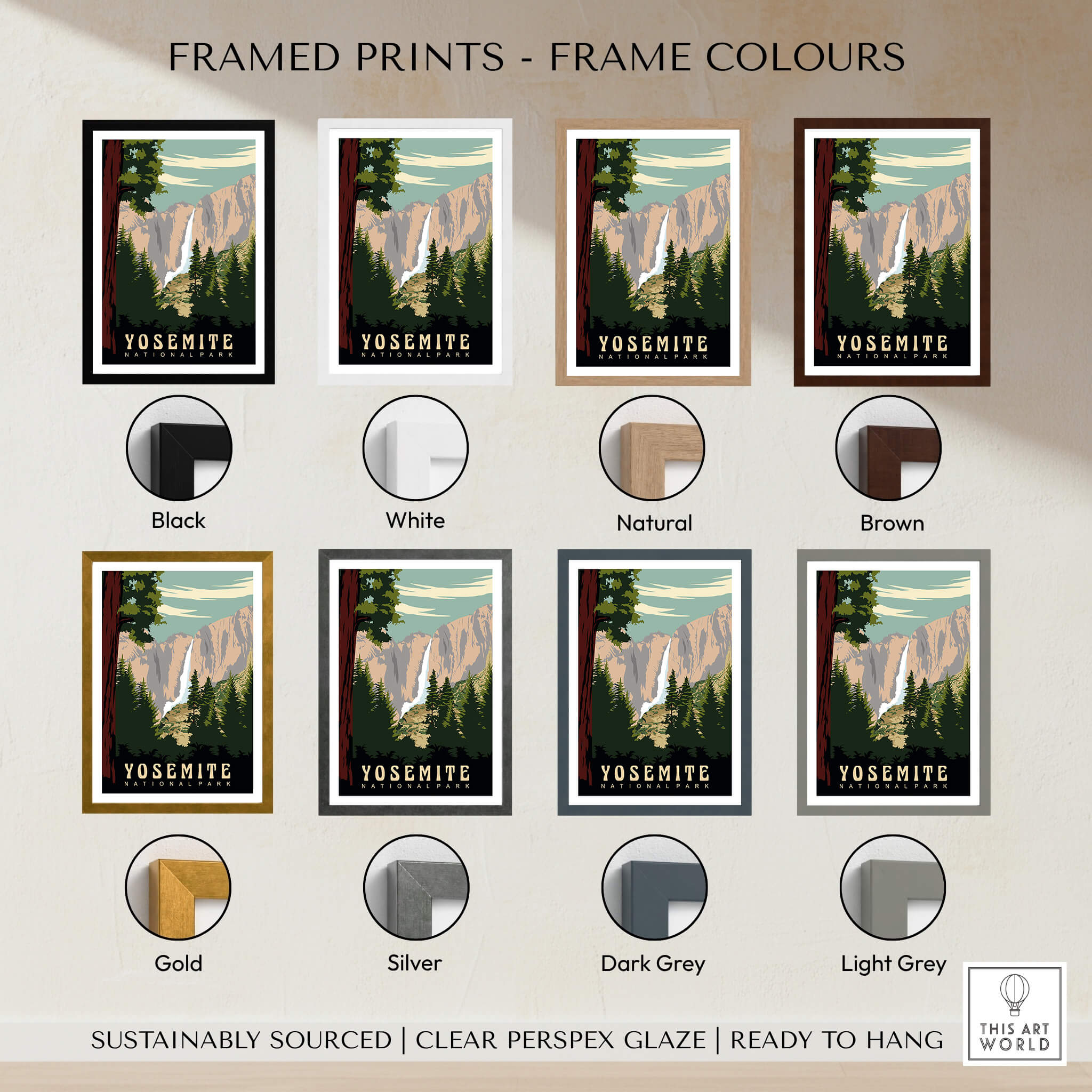 Yosemite National Park Print framed options in black, white, natural, brown, gold, silver, dark grey, and light grey.
