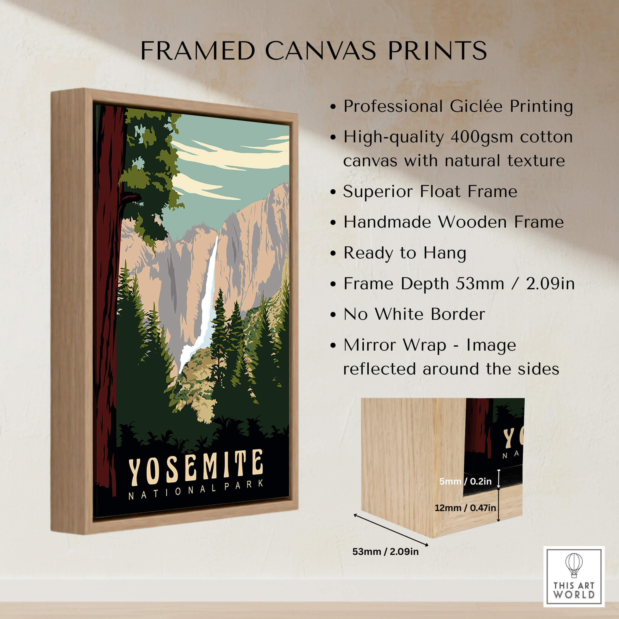 Yosemite National Park Print framed canvas art with natural textures and handmade wooden frame.