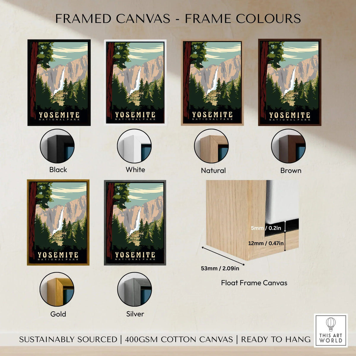 Yosemite National Park Print framed canvas options in black, white, natural, brown, gold, and silver.