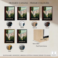 Yosemite National Park Print framed canvas options in black, white, natural, brown, gold, and silver.