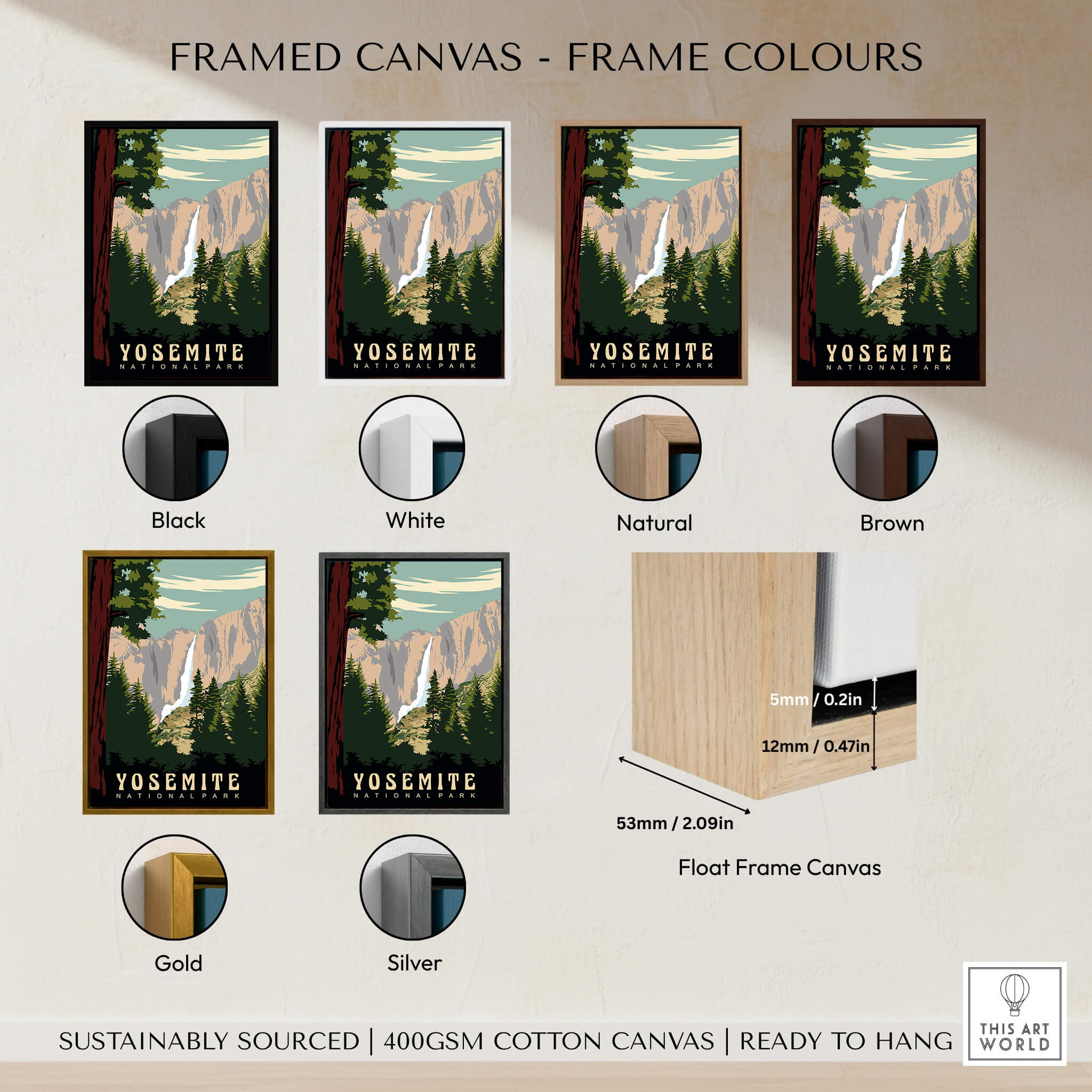 Yosemite National Park Print framed canvas options in black, white, natural, brown, gold, and silver.