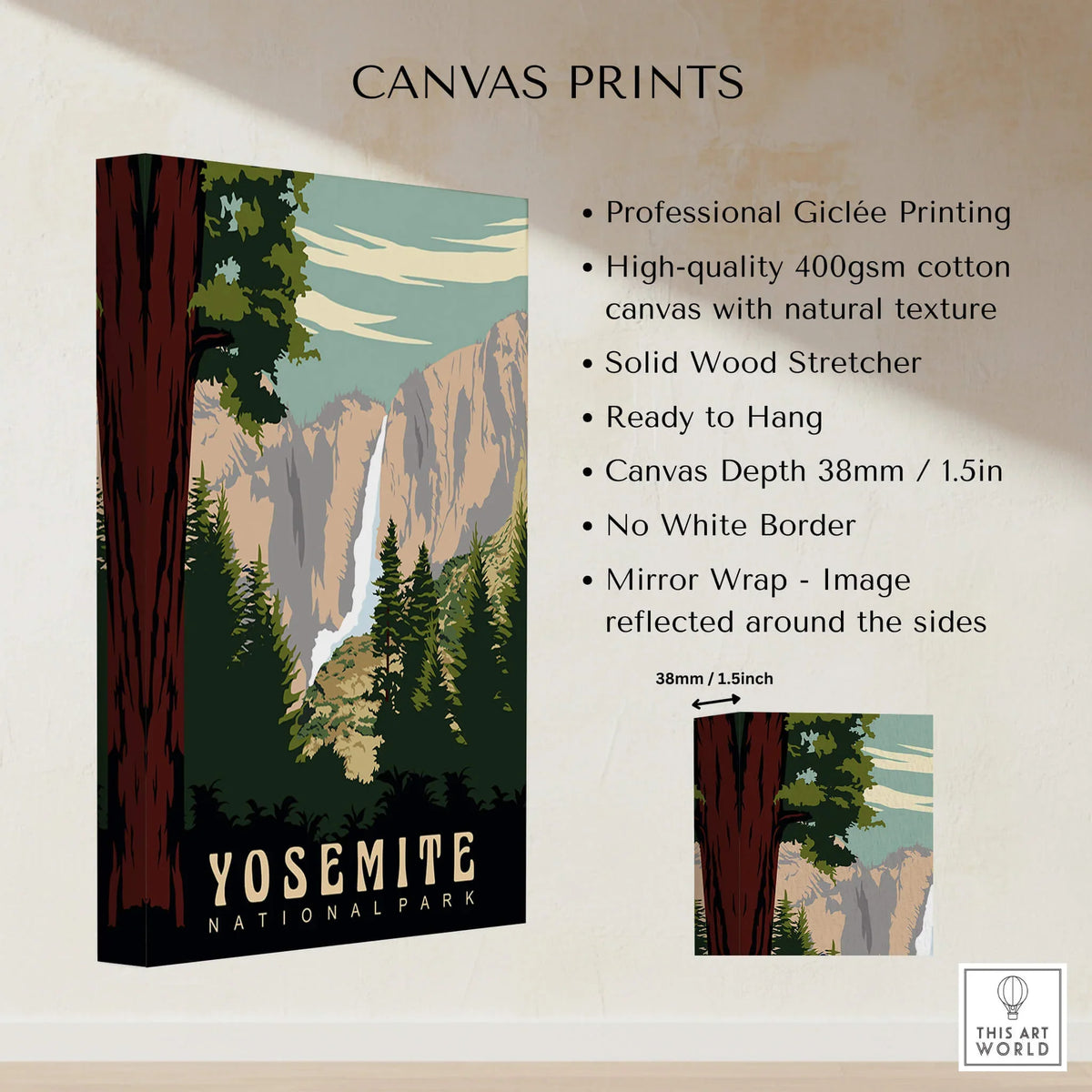 Yosemite National Park Print showcasing beautiful landscapes with professional giclée printing on cotton canvas.