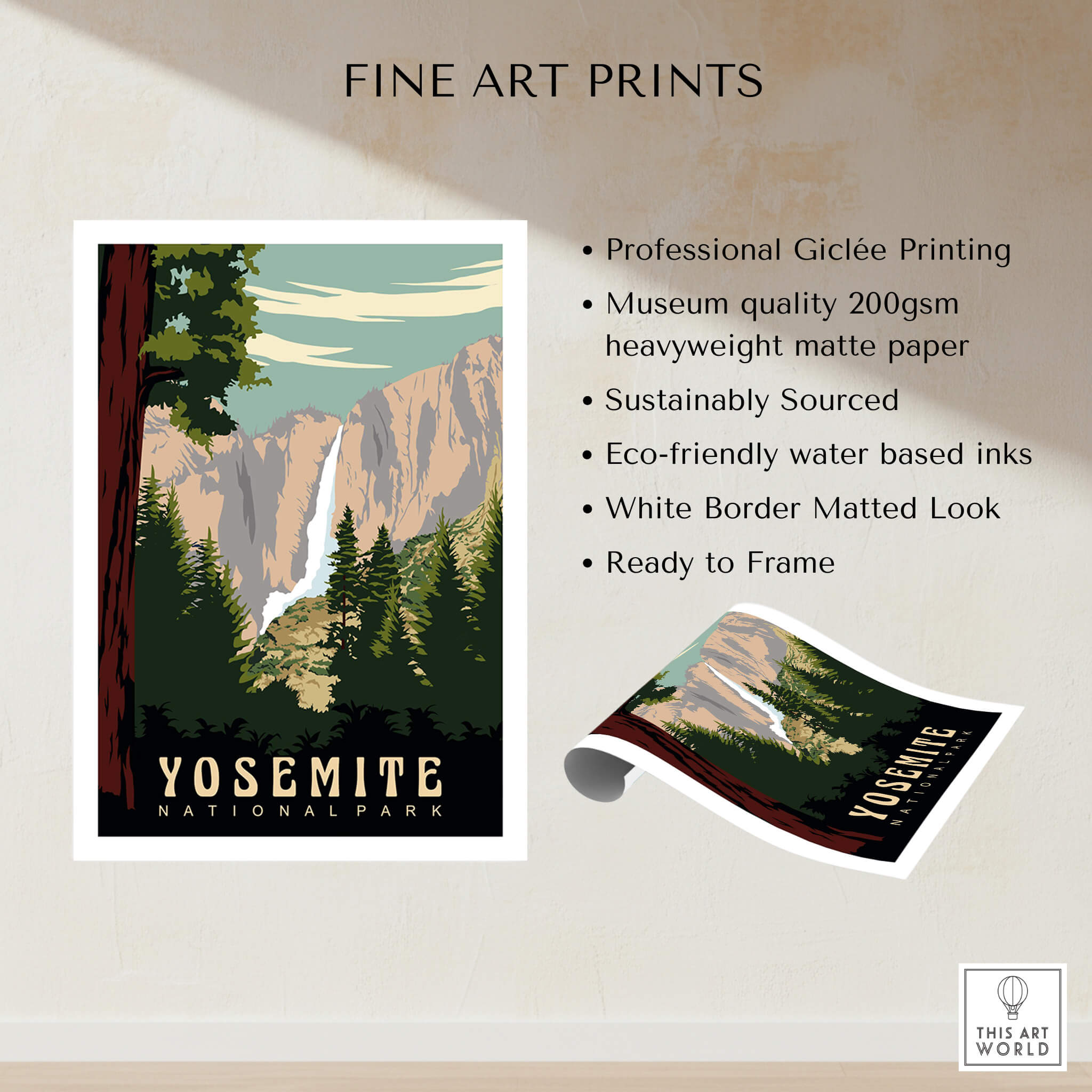 Yosemite National Park Print showcasing Giclée printing, vivid colors, and a nature-inspired design perfect for home decor.