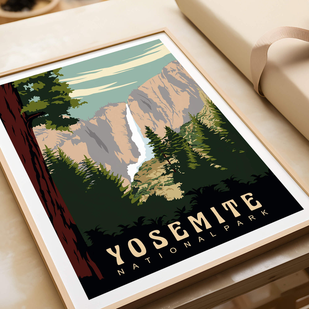 Yosemite National Park Print showcasing majestic landscapes and nature-inspired design.