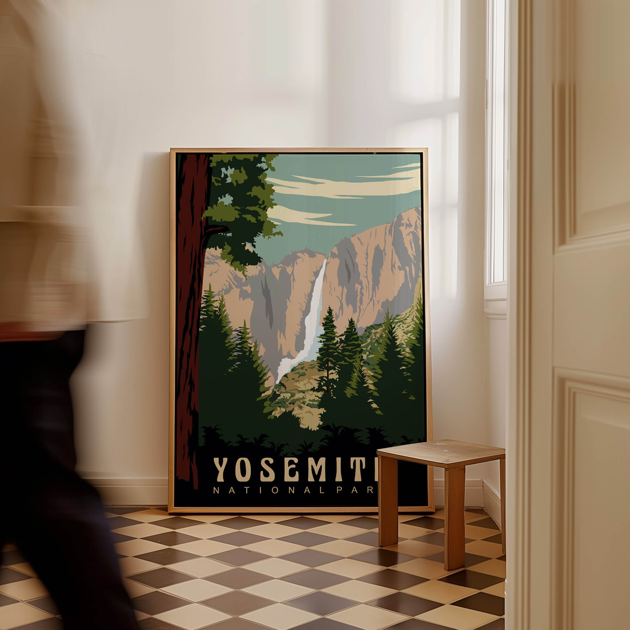 Yosemite National Park Print showcasing the iconic landscapes of Yosemite with detailed vintage-style artwork.