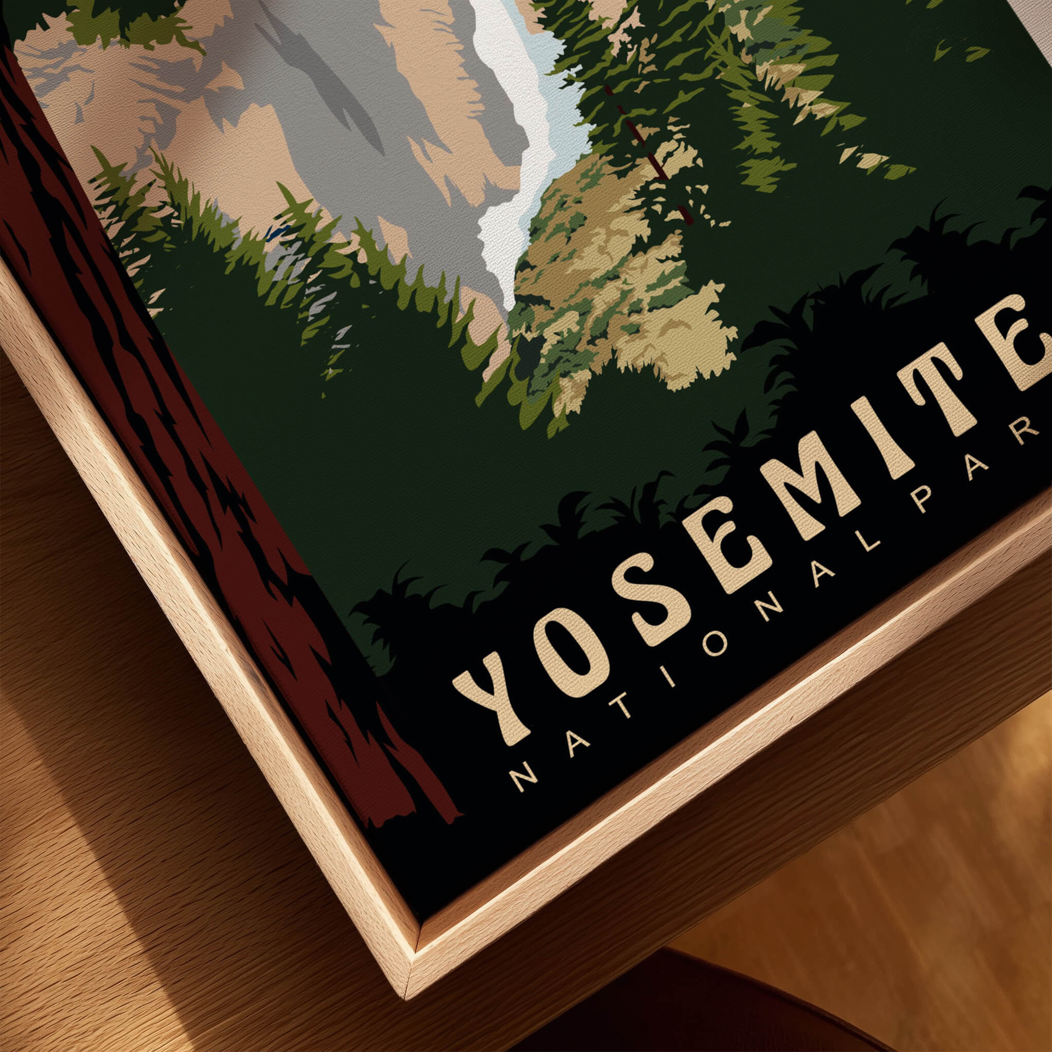 Yosemite National Park Print showcasing its vintage design with majestic landscapes and text details.