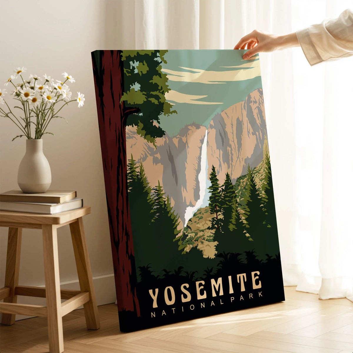 Yosemite National Park Print showcasing a vintage-style depiction of Yosemite's majestic landscapes.
