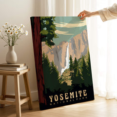 Yosemite National Park Print showcasing a vintage-style depiction of Yosemite's majestic landscapes.