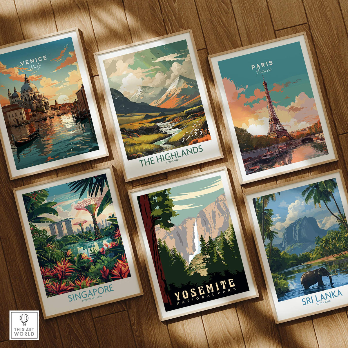 Collection of vintage travel prints including Yosemite National Park Print and others from Venice, Paris, Singapore, and Sri Lanka.